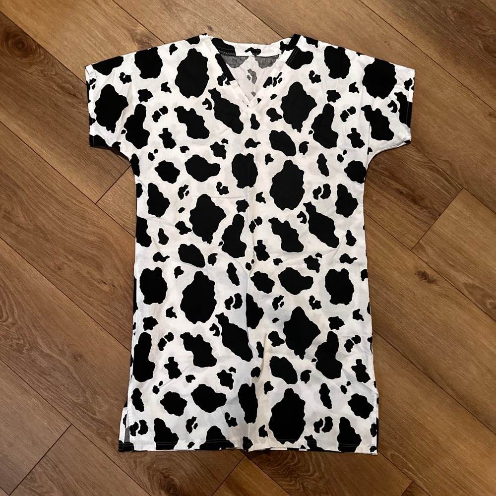 Womens Cow Print V-Neck Short Sleeve Mini T-Shirt Dress Black White